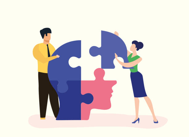 teamwork-gruppe, die ein gehirnpuzzle zusammenstellt. konzept der kognitiven rehabilitation bei alzheimer-patienten und demenzpatienten. zwei erwachsene arbeiten zusammen, brainstormen, öffnen sich für neues denken. working together puzzle hands, teamwor - cooperation teamwork togetherness brain stock-grafiken, -clipart, -cartoons und -symbole