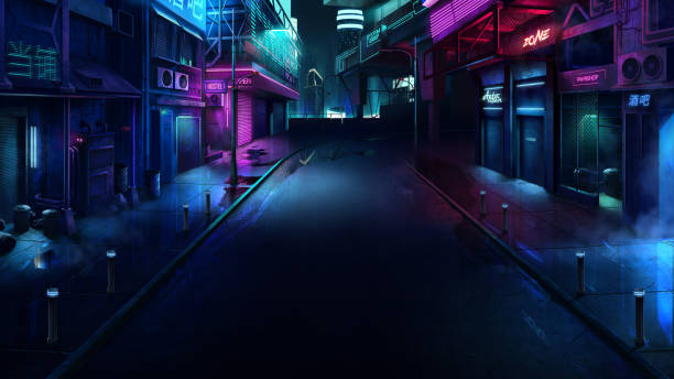 Realistic 2D cyberpunk city illustration. Neon night city. Neon night city. Translation: "pawnshop. Bar." Realistic 2D cyberpunk city illustration. Neon night city. Neon night city. Translation: "pawnshop. Bar." cyberpunk stock illustrations