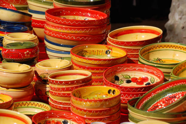 Traditional ceramic tableware in bright colors, stacked