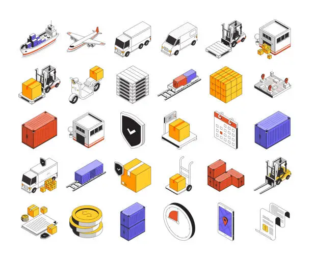 Vector illustration of Delivery And Logistics Elements Isometric Icon Set and Three Dimensional Design