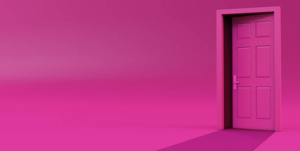 istock 3d render of open door isolated on pink background. 1329019375