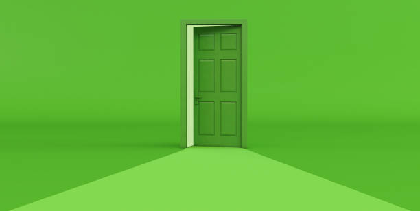 istock 3d render of green open door isolated on green background. 1329019377