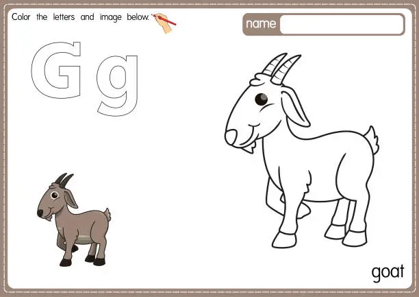 Vector illustration of Vector illustration of kids alphabet coloring book page with outlined clip art to color. Letter G for Goat.