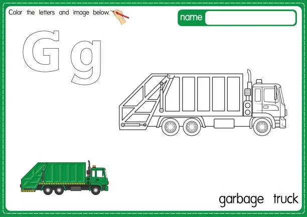 Vector illustration of Vector illustration of kids alphabet coloring book page with outlined clip art to color. Letter G for Garbage truck.