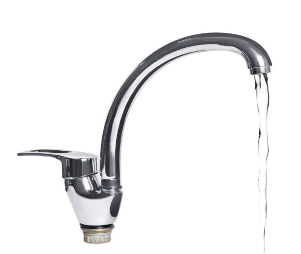 istock Water stream flowing from tap on white background 1329020632