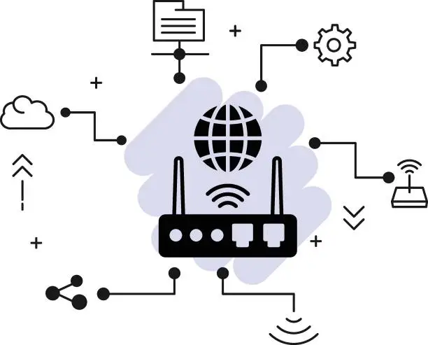 Vector illustration of 5g Wifi Datacenter Access point Vector Icon Design, Cloud computing and hosting company Symbol, Lan Smart Network Switch Concept, Intelligent Hub with Antenna Stock illustration