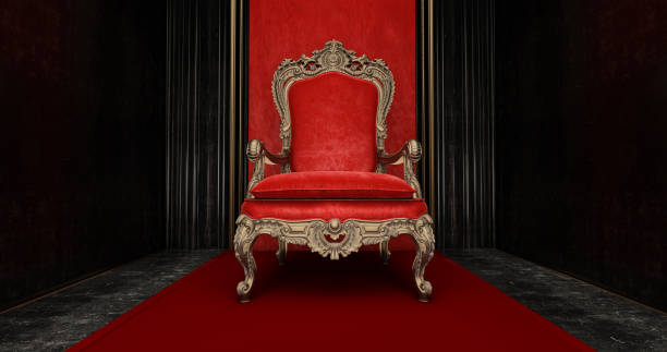 sedia reale rossa su sfondo rosso e nero, trono vip, trono reale rosso, - throne foto e immagini stock