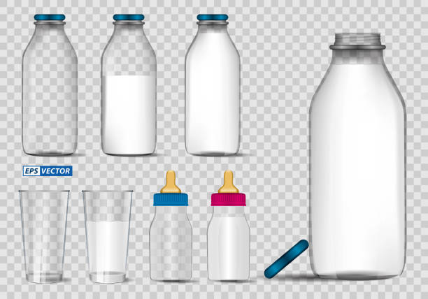 ilustrações de stock, clip art, desenhos animados e ícones de set of realistic bottle milk isolated or fresh milk in glass mock up template or various flavour milk strawberry, chocolate and pure milk or turkish ayran drink concept. eps vector - healthy eating food and drink nutrition label food
