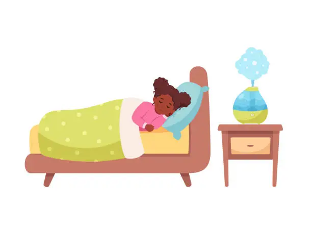 Vector illustration of Black girl sleeping with air humidifier in room. Ecological appliance for home. Healthy sleep. Vector illustration