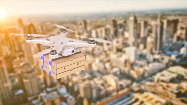 istock Pizza delivery in the drone. 3d rendering 1329024677
