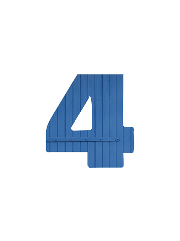 Number 4 of the alphabet made with old blue wood, isolated on a white background