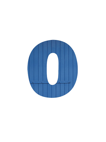 Number 0 of the alphabet made with old blue wood, isolated on a white background