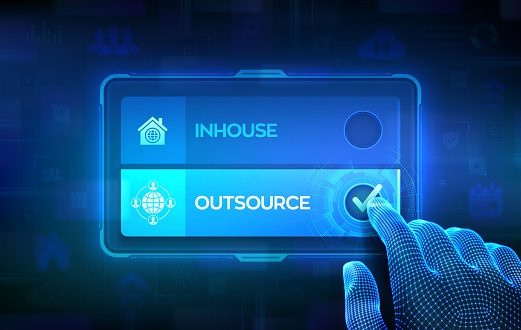 Outsource or inhouse choice concept. Making decision. Outsourcing Global recruitment. Human Resources. Hand on virtual touch screen ticking the check mark on outsource button. Vector illustration