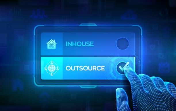 Outsource or inhouse choice concept. Making decision. Outsourcing Global recruitment. Human Resources. Hand on virtual touch screen ticking the check mark on outsource button. Vector illustration. Outsource or inhouse choice concept. Making decision. Outsourcing Global recruitment. Human Resources. Hand on virtual touch screen ticking the check mark on outsource button. Vector illustration outsourcing stock illustrations