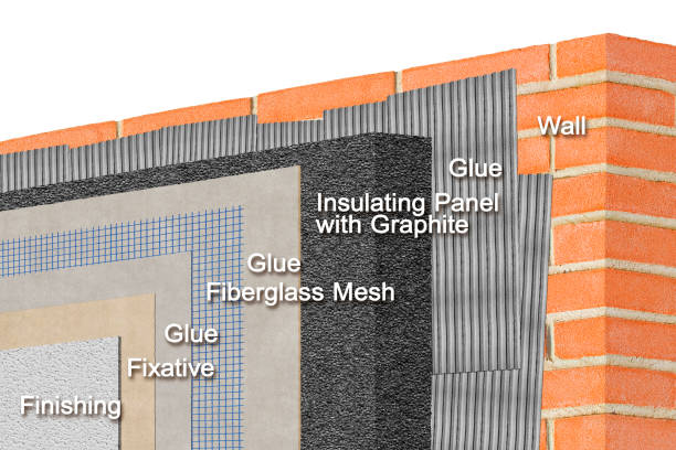 istock Thermal insulation coatings with insulating panels in polystyrene and graphite for building energy efficiency and reduce thermal losses against a brick wall - Concept image 1329027202