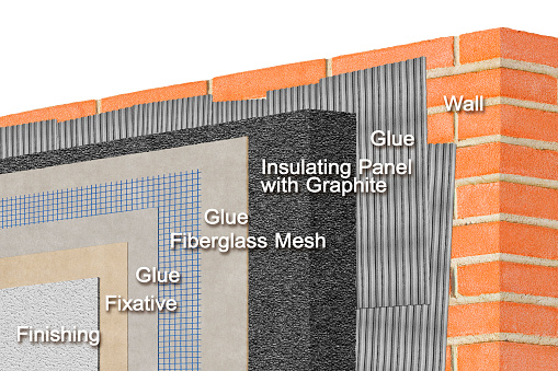 Thermal insulation coatings with insulating panels in polystyrene and graphite for building energy efficiency and reduce thermal losses against a brick wall - Concept image.