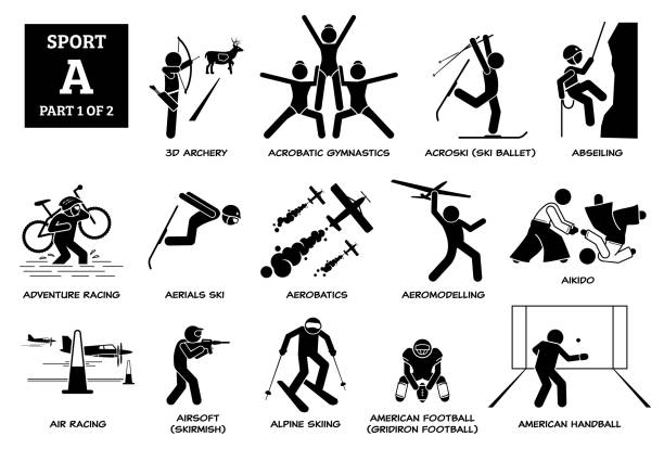 Sport games alphabet A vector icons pictogram. 3D archery, acrobatic gymnastics, acroski, abseiling, adventure racing, aerials ski, aikido, airsoft, alpine skiing, American Football, and Handball. acrobatic gymnastics stock illustrations