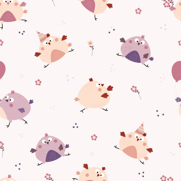 Seamless patterns. Funny cute birds - a boy chick and a girl hen on a light background with flowers. Vector illustration for kids collection, design, decor, prints, textiles, wallpapers. Seamless patterns. Funny cute birds - a boy chick and a girl hen on a light background with flowers. Vector illustration for kids collection, design, decor, prints, textiles, wallpapers thick chicks stock illustrations