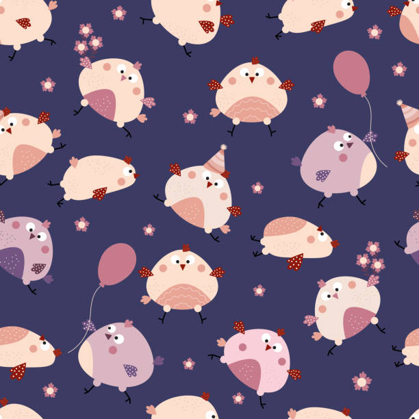 Seamless pattern. Funny cute birds - boy and girl chicks on a blue background. Vector illustration Seamless pattern. Funny cute birds - boy with a balloon and a chick girl with flowers on a blue background. Vector illustration for kids collection, design, decor, print, textile, wallpaper thick chicks stock illustrations