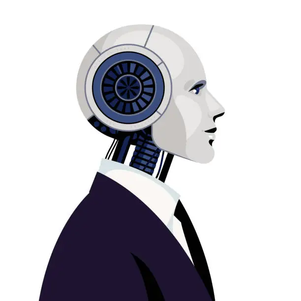 Vector illustration of Cyborg. Male robot in black business suit. Concept of robotization