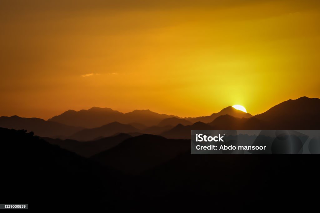 Orange Sunset Sunset of portsudan mountains Sudan Stock Photo