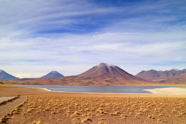 озеро мисканти на высоте 4 120 метров над уровнем моря с горой серро-мисканти на заднем плане, регион антофагаста, чили - cerro miscanti стоковые фото и изображения