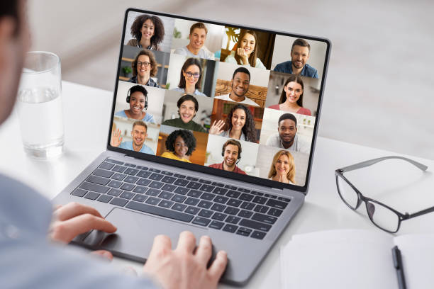 istock Multiethnic group of people using laptop for online conference meeting, creative collage 1329036626