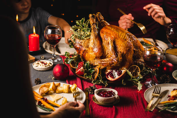 familia cenando en navidad - holiday season turkey food fotografías e imágenes de stock