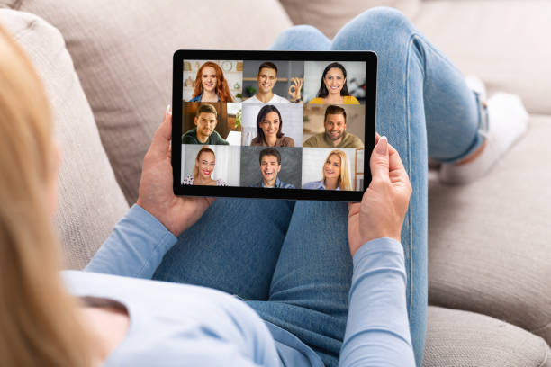 istock Unrecognizable Lady With Digital Tablet Having Group Video Call With Friends 1329037216