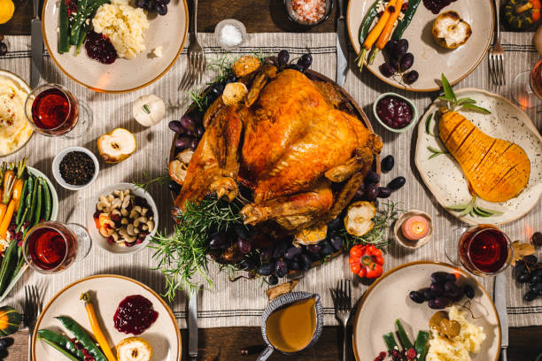 istock Traditional Thanksgiving meal with roasted turkey 1329037289