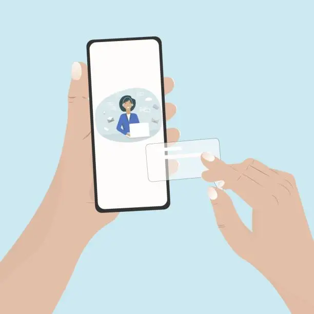 Vector illustration of Correspondence with a virtual assistant providing online support in the hand with a smartphone. The concept of communication between the technical support service and the client through a personal gad