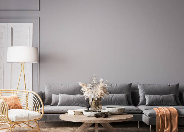 istock Cozy gray living room in Scandinavian boho design 1329039396