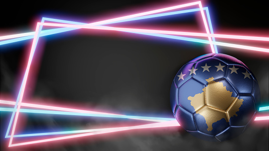 Soccer ball in flag colors on abstract neon background. Kosovo. 3D image