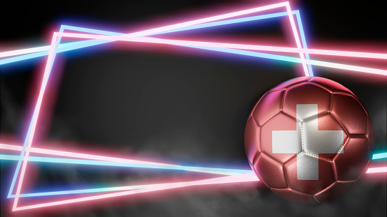 Soccer ball in flag colors on abstract neon background. Switzerland. 3D image
