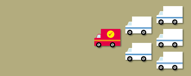 Red truck leading a group of white trucks on green background, Leadership concepts, paper cut design style.