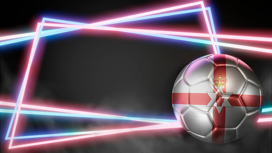 Soccer ball in flag colors on abstract neon background. Northern Ireland. 3D image