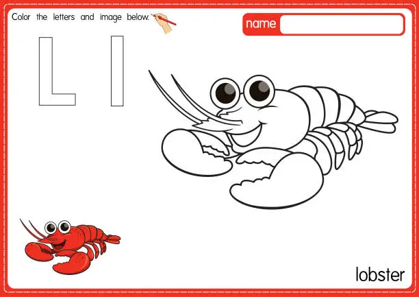 Vector illustration of Vector illustration of kids alphabet coloring book page with outlined clip art to color. Letter L for  Lobster.
