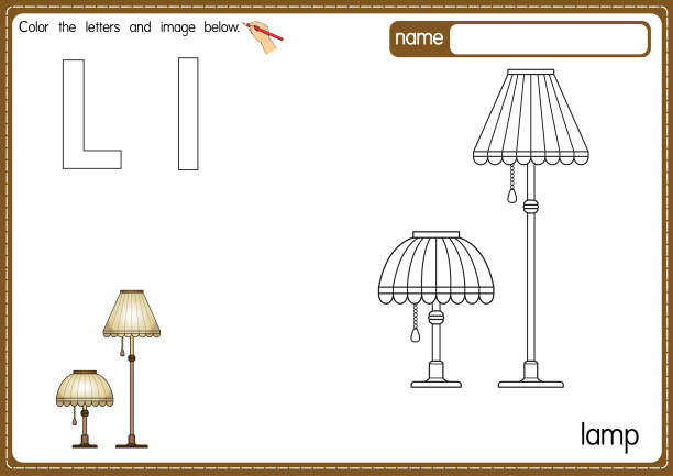 Vector illustration of kids alphabet coloring book page with outlined clip art to color. Letter L for Lamp. Vector illustration of educational alphabet coloring page with cartoon for kids. Uppercase and lowercase letter for coloring, tracing, writing, do-a-dot, sticker, cut and paste, kids learning page. clip art of illuminated letter a stock illustrations