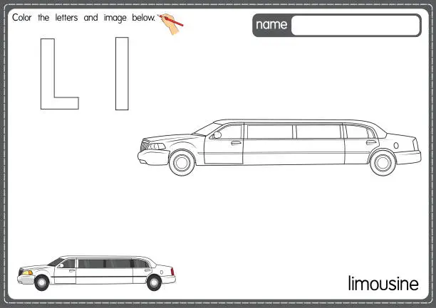 Vector illustration of Vector illustration of kids alphabet coloring book page with outlined clip art to color. Letter L for  Limousine.