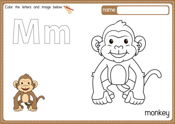 色に輪郭を描いたクリップアートと子供アルファベットの塗り絵のベクターイラスト。モンキーのための文字m。 - letter m alphabet food fruit点のイラスト素材／クリップアート素材／マンガ素材／アイコン素材