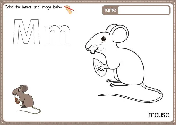 Vector illustration of Vector illustration of kids alphabet coloring book page with outlined clip art to color. Letter M for  Mouse.
