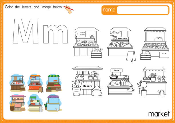 vektorillustration der malbuchseite für kinder mit umrissener clipart zum ausmalen. buchstabe m für markt. - letter m alphabet food fruit stock-grafiken, -clipart, -cartoons und -symbole