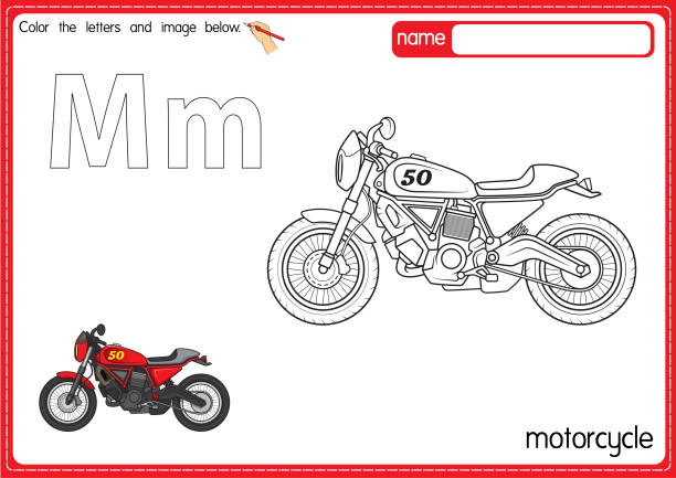 ilustrações de stock, clip art, desenhos animados e ícones de vector illustration of kids alphabet coloring book page with outlined clip art to color. letter m for  motorcycle. - bicycle isolated basket red