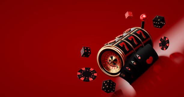 Casino Modern Concept. Slot Machine With Roulette Wheel Inside, Chips, Dices And Four Aces - 3D Illustration Black Red And Golden Slot Machine With Roulette Wheel Inside, Chips, Dices And Four Aces, Isolated On The Red Background. Empty Space For Logo Or Text. jackpot photos stock pictures, royalty-free photos & images