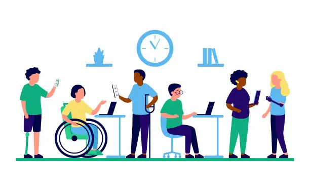 Vector illustration of Employee people with disabilities and inclusion work together in office. Disabled different people on wheelchair and with prothesis sit and communicate using laptop. Handicap persons work. Vector flat