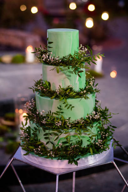 Wedding cake in rustic style with green leaves in the night.