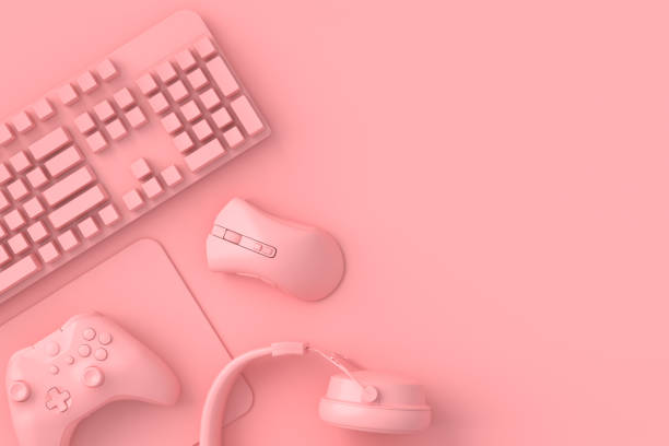 istock Top view of gamer workspace and gear like mouse, keyboard, joystick, headset 1329045191