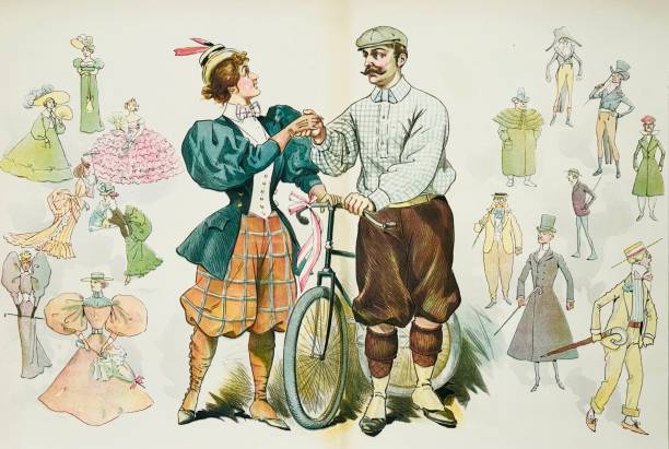 rower - dress reformator z 19 wieku. para prezentująca modę bicyle otoczona wcześniejszymi dresscode'ami. - bryczesy stock illustrations