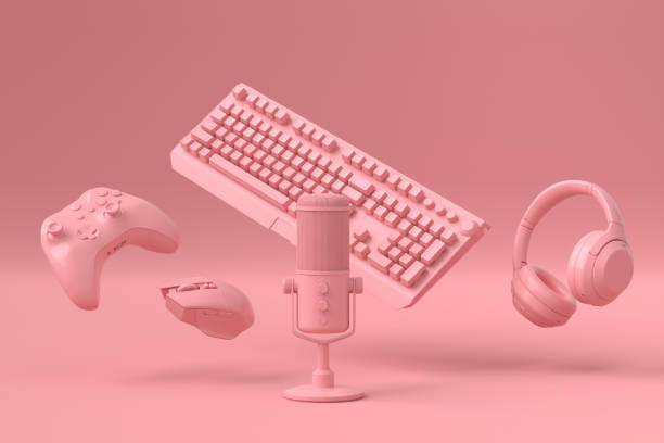 istock Flying gamer gears like mouse, keyboard, joystick, headset, VR, microphone 1329045552