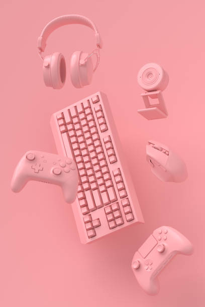 istock Flying gamer gears like mouse, keyboard, joystick, headset, VR, web camera 1329045612